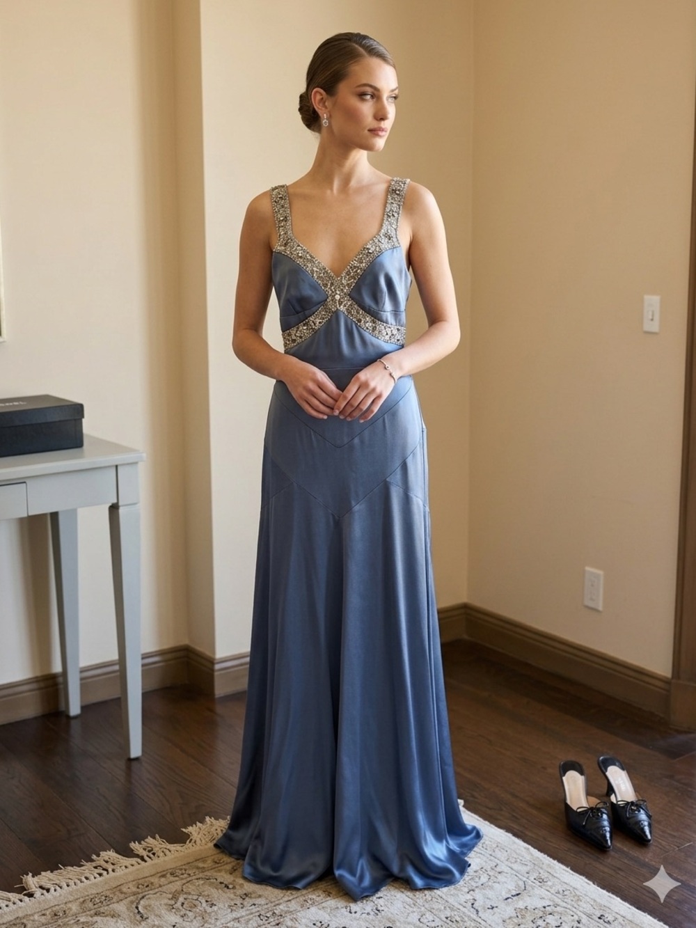 MONIQUE LHUILLIER Navy Blue (Purple) Silk Maxi Gown Dress Crystal Trim Size 10